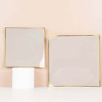 10 - Pack Plastic 8" Square Dessert Plates in Taupe Concave Style with Gold Rim - Modern Disposable Salad Appetizer Party Plates - Bell Racket Store