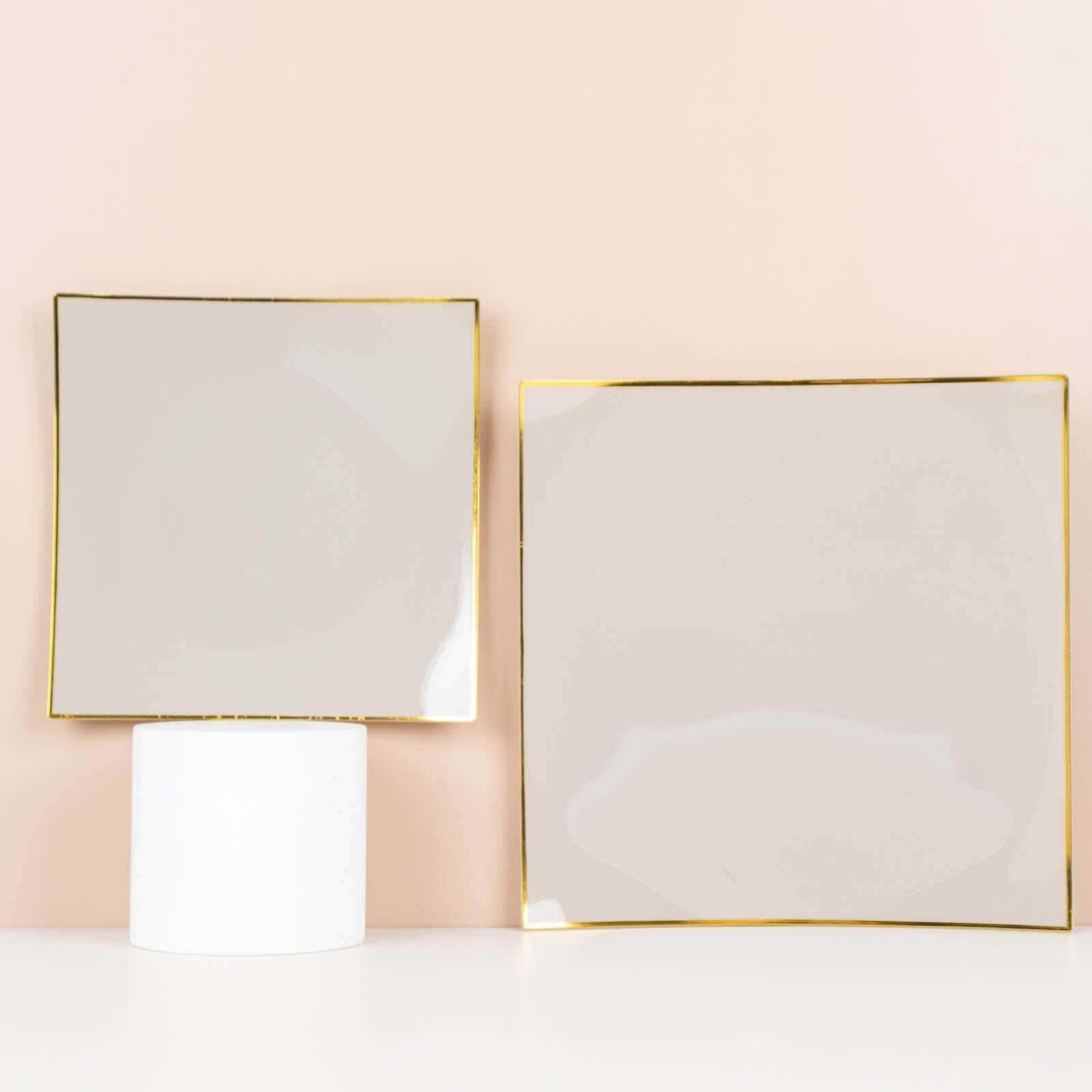 10 - Pack Plastic 8" Square Dessert Plates in Taupe Concave Style with Gold Rim - Modern Disposable Salad Appetizer Party Plates - Bell Racket Store