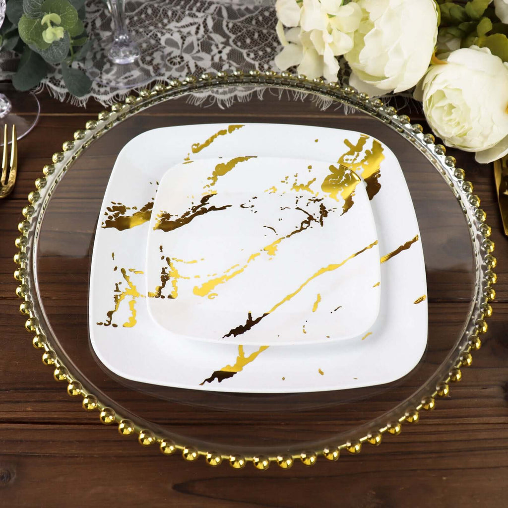 10 - Pack Plastic 8" Square Dessert Plates in White with Gold Marble Design - Disposable Appetizer Salad Party Plates for Weddings, Banquets & Special Events - Bell Racket Store