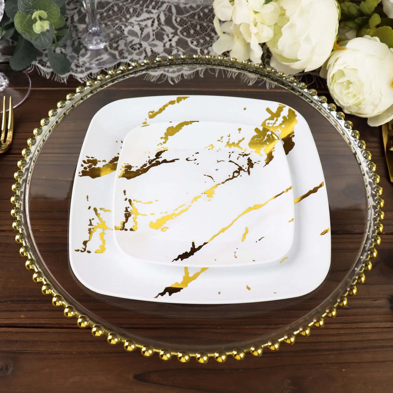 10 - Pack Plastic 8" Square Dessert Plates in White with Gold Marble Design - Disposable Appetizer Salad Party Plates for Weddings, Banquets & Special Events - Bell Racket Store