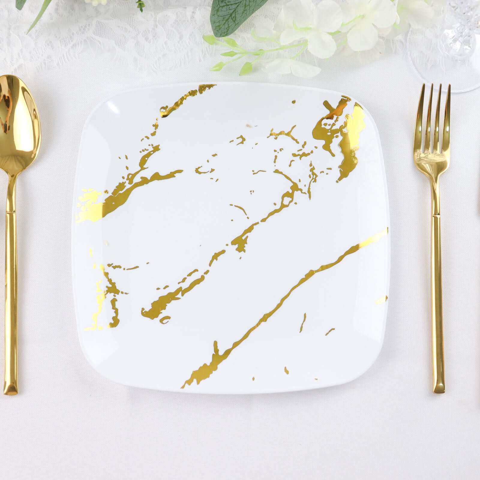 10 - Pack Plastic 8" Square Dessert Plates in White with Gold Marble Design - Disposable Appetizer Salad Party Plates for Weddings, Banquets & Special Events - Bell Racket Store