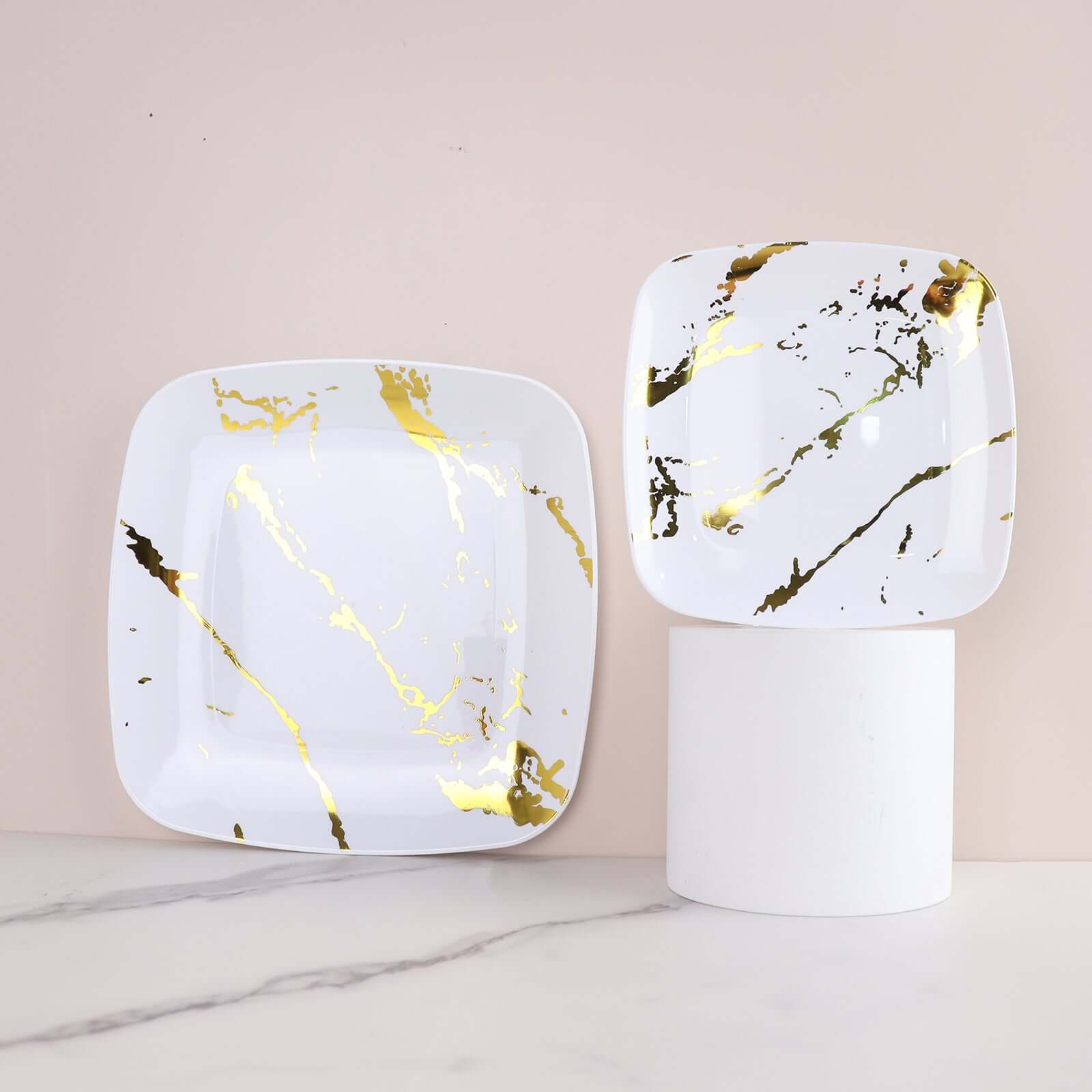 10 - Pack Plastic 8" Square Dessert Plates in White with Gold Marble Design - Disposable Appetizer Salad Party Plates for Weddings, Banquets & Special Events - Bell Racket Store