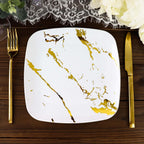 10 - Pack Plastic 8" Square Dessert Plates in White with Gold Marble Design - Disposable Appetizer Salad Party Plates for Weddings, Banquets & Special Events - Bell Racket Store