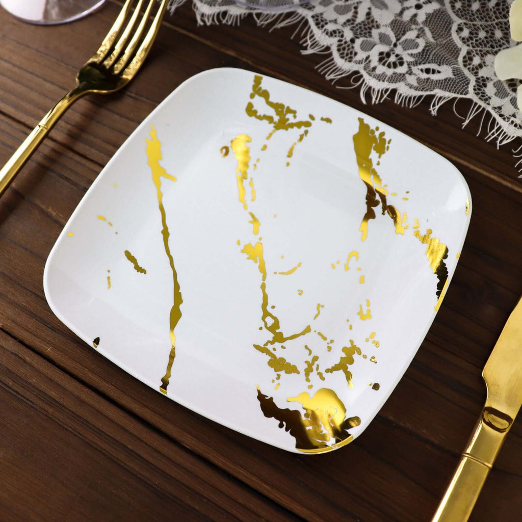 10 - Pack Plastic 8" Square Dessert Plates in White with Gold Marble Design - Disposable Appetizer Salad Party Plates for Weddings, Banquets & Special Events - Bell Racket Store