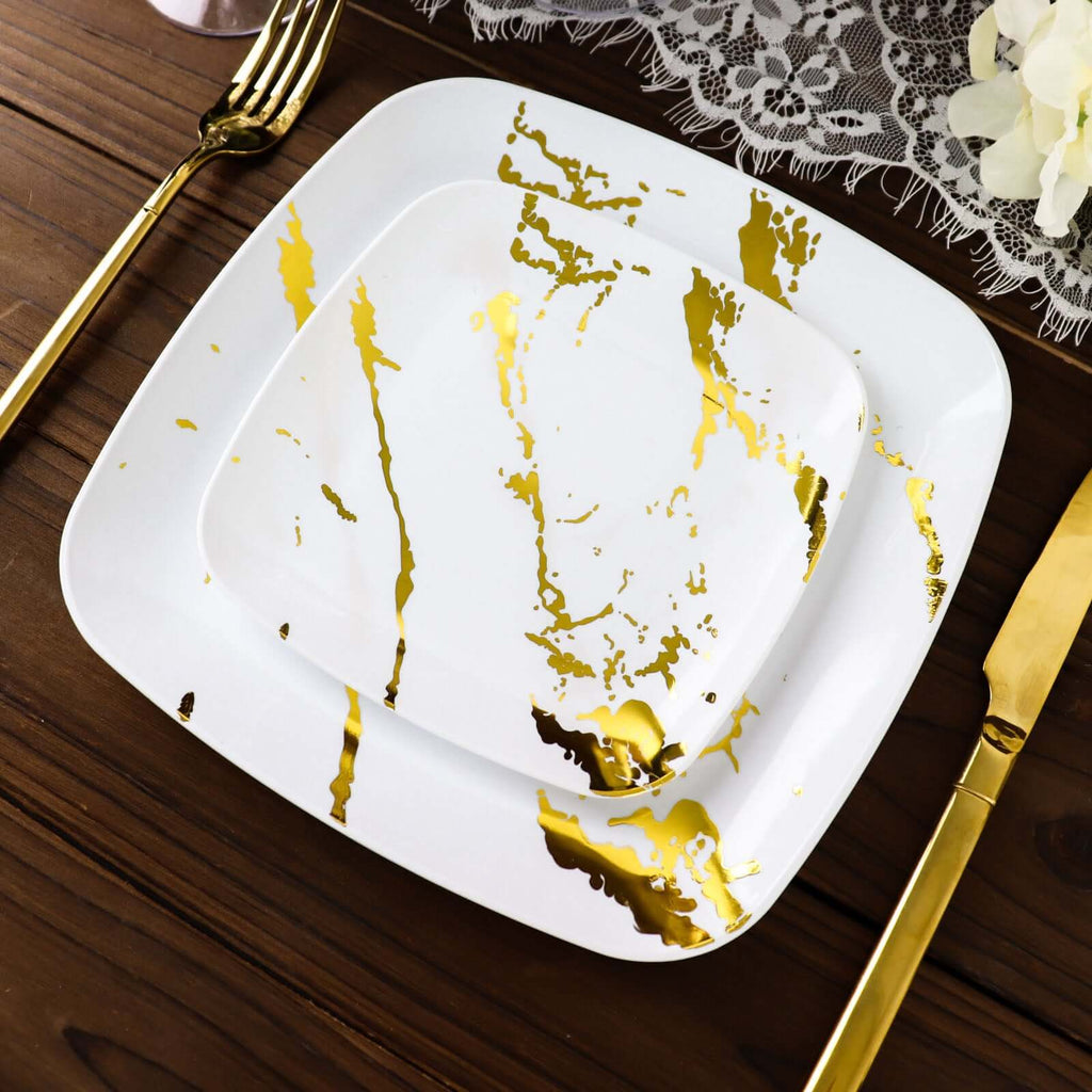 10 - Pack Plastic 8" Square Dessert Plates in White with Gold Marble Design - Disposable Appetizer Salad Party Plates for Weddings, Banquets & Special Events - Bell Racket Store