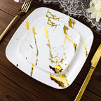 10 - Pack Plastic 8" Square Dessert Plates in White with Gold Marble Design - Disposable Appetizer Salad Party Plates for Weddings, Banquets & Special Events - Bell Racket Store