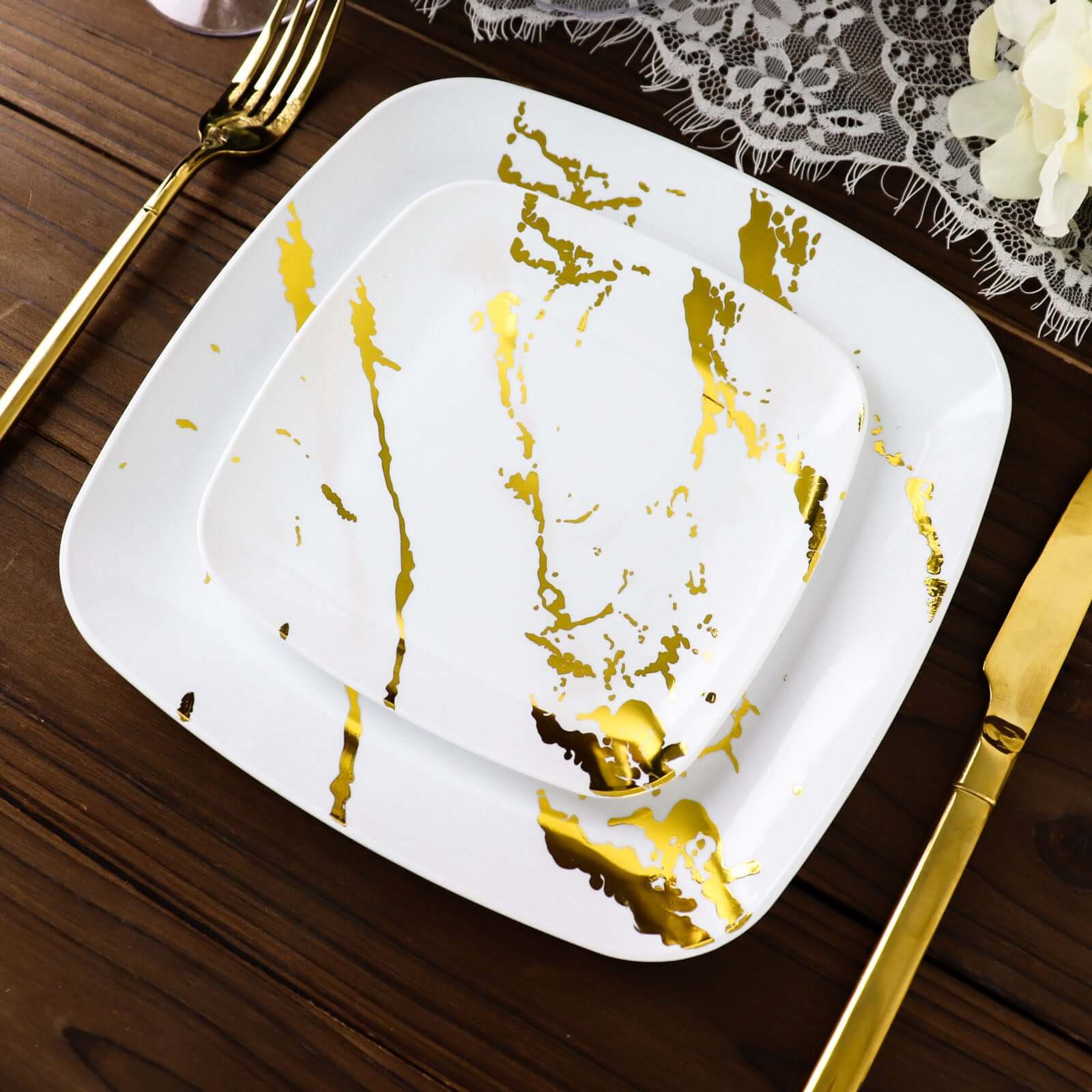 10 - Pack Plastic 8" Square Dessert Plates in White with Gold Marble Design - Disposable Appetizer Salad Party Plates for Weddings, Banquets & Special Events - Bell Racket Store