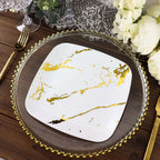 10 - Pack Plastic 8" Square Dessert Plates in White with Gold Marble Design - Disposable Appetizer Salad Party Plates for Weddings, Banquets & Special Events - Bell Racket Store
