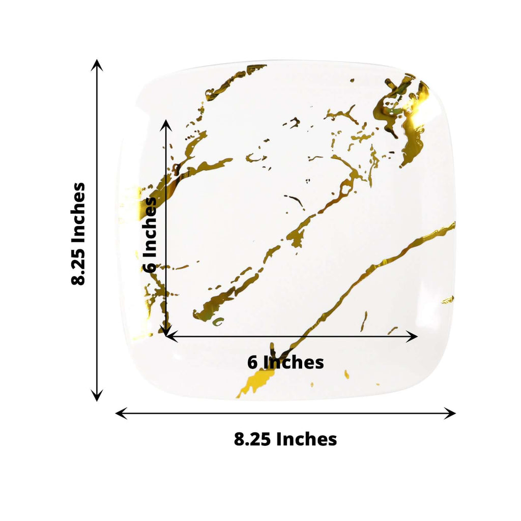 10 - Pack Plastic 8" Square Dessert Plates in White with Gold Marble Design - Disposable Appetizer Salad Party Plates for Weddings, Banquets & Special Events - Bell Racket Store