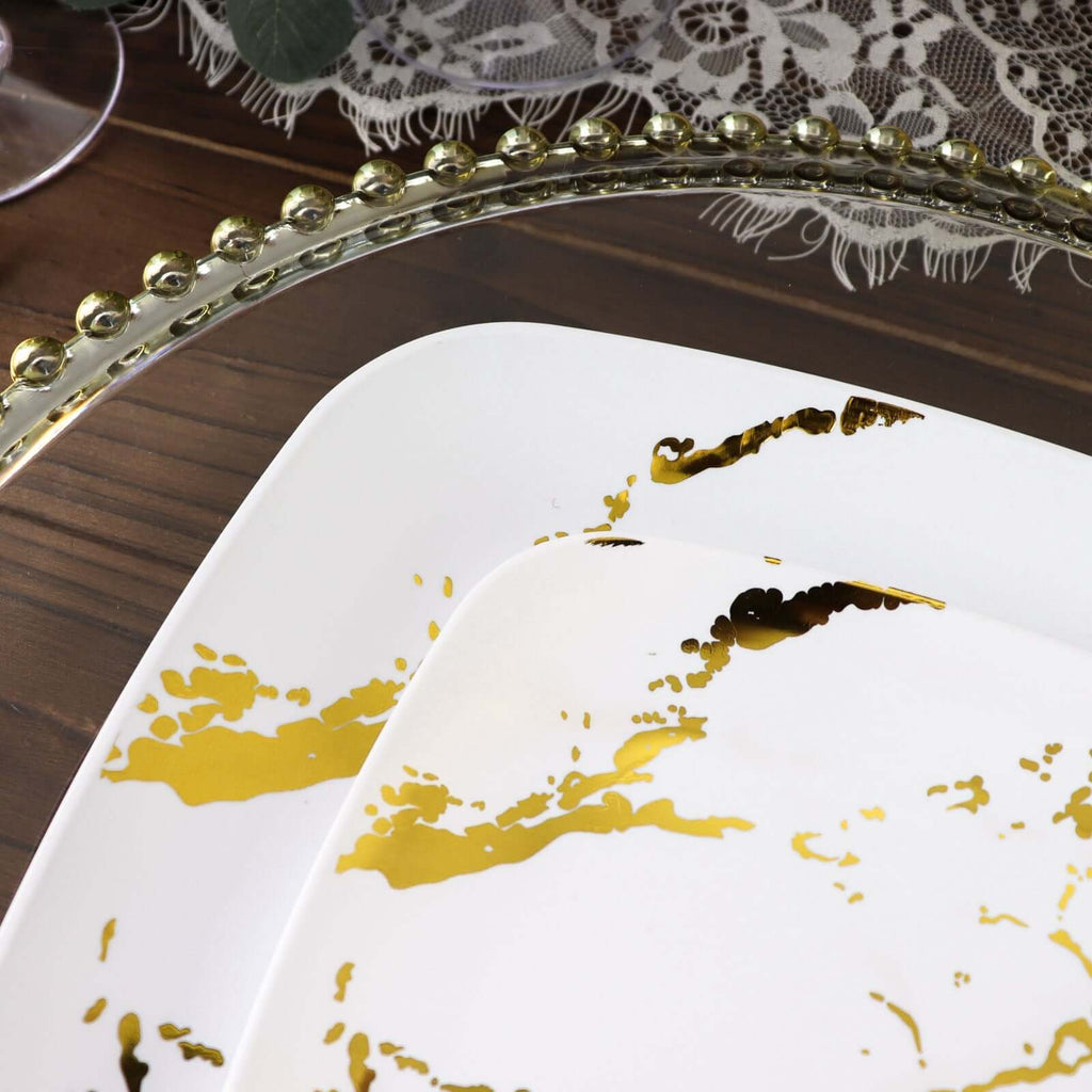 10 - Pack Plastic 8" Square Dessert Plates in White with Gold Marble Design - Disposable Appetizer Salad Party Plates for Weddings, Banquets & Special Events - Bell Racket Store