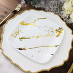 10 - Pack Plastic 8" Square Dessert Plates in White with Gold Marble Design - Disposable Appetizer Salad Party Plates for Weddings, Banquets & Special Events - Bell Racket Store