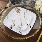 10 - Pack Plastic 8" Square Dessert Plates in White with Rose Gold Marble Design - Disposable Appetizer Salad Party Plates - Bell Racket Store