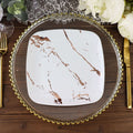 10 - Pack Plastic 8" Square Dessert Plates in White with Rose Gold Marble Design - Disposable Appetizer Salad Party Plates - Bell Racket Store