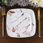 10 - Pack Plastic 8" Square Dessert Plates in White with Rose Gold Marble Design - Disposable Appetizer Salad Party Plates - Bell Racket Store