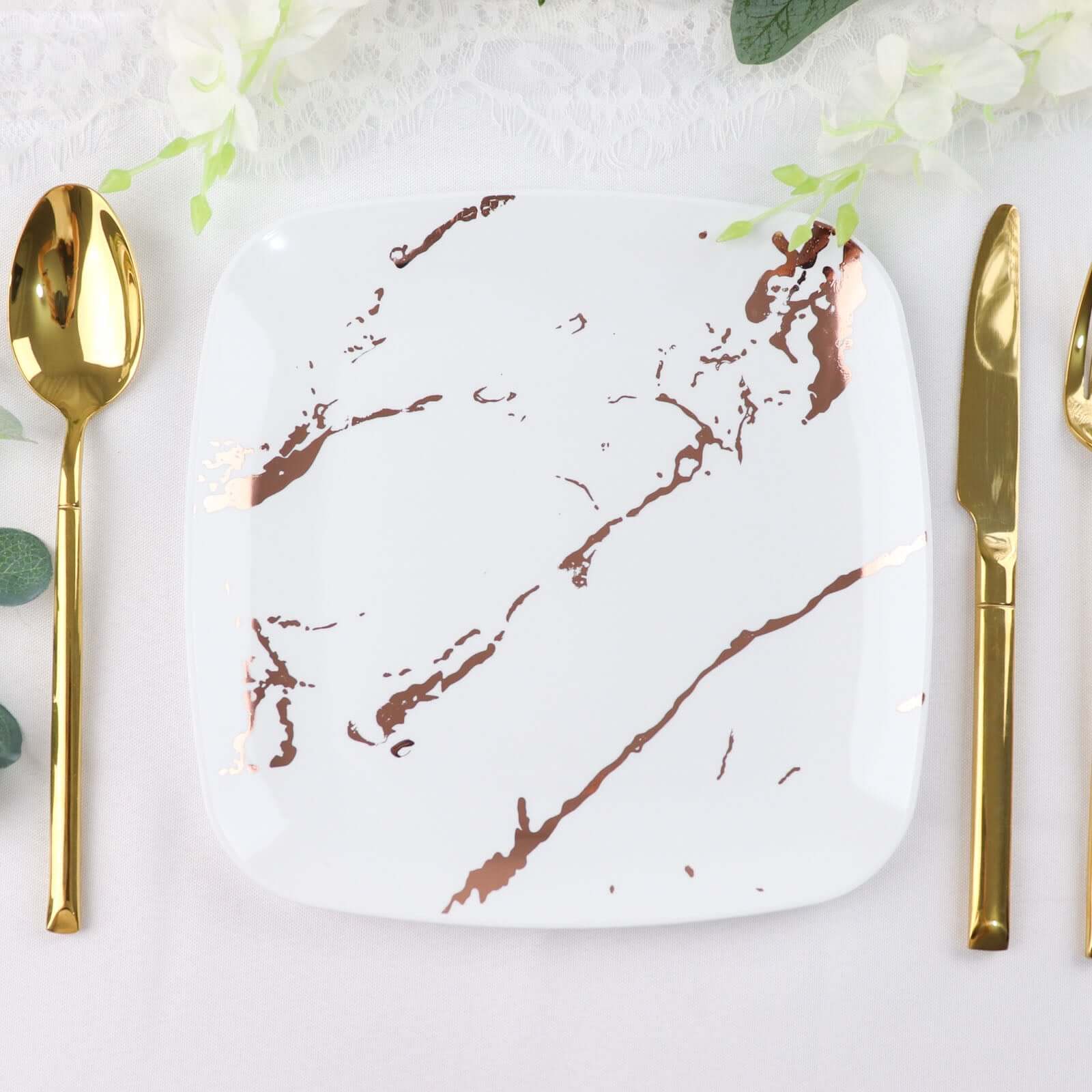 10 - Pack Plastic 8" Square Dessert Plates in White with Rose Gold Marble Design - Disposable Appetizer Salad Party Plates - Bell Racket Store