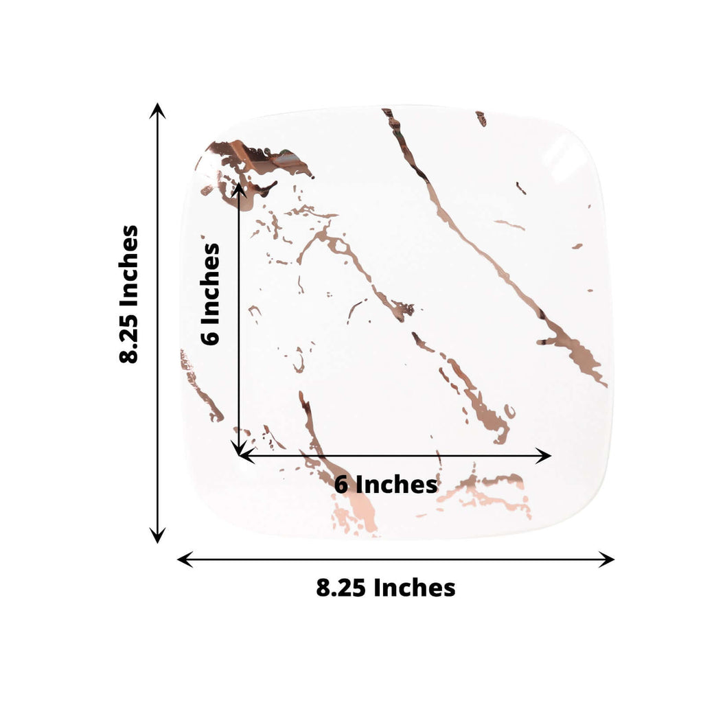 10 - Pack Plastic 8" Square Dessert Plates in White with Rose Gold Marble Design - Disposable Appetizer Salad Party Plates - Bell Racket Store