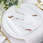 10 - Pack Plastic 8" Square Dessert Plates in White with Rose Gold Marble Design - Disposable Appetizer Salad Party Plates - Bell Racket Store