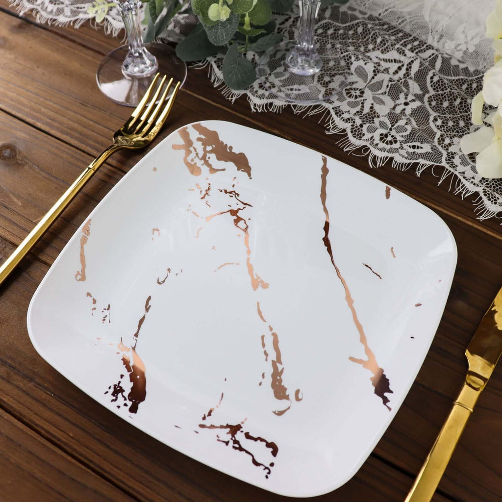 10 - Pack Plastic 8" Square Dessert Plates in White with Rose Gold Marble Design - Disposable Appetizer Salad Party Plates - Bell Racket Store