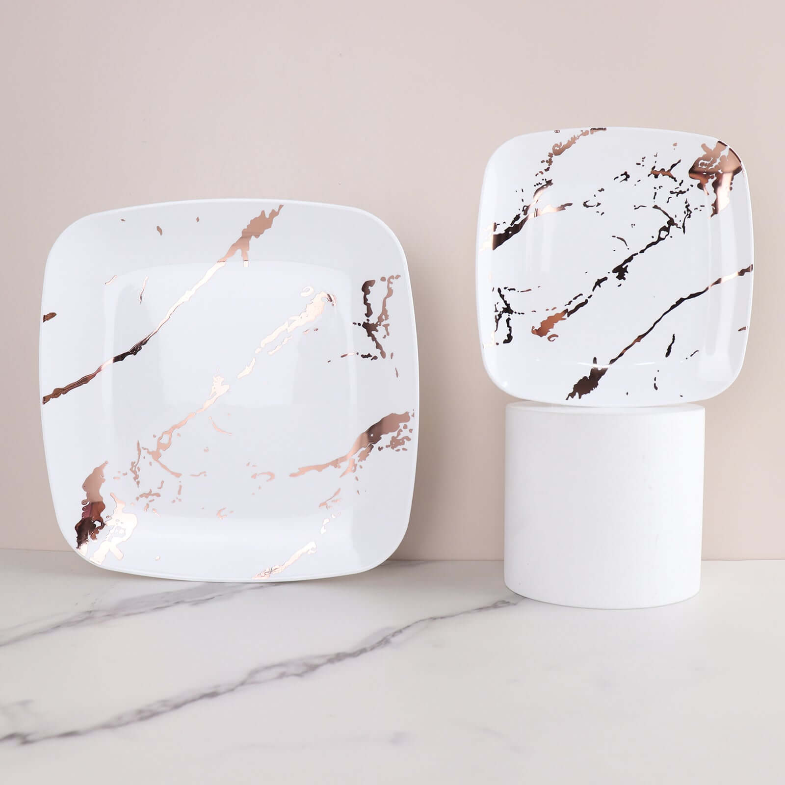 10 - Pack Plastic 8" Square Dessert Plates in White with Rose Gold Marble Design - Disposable Appetizer Salad Party Plates - Bell Racket Store