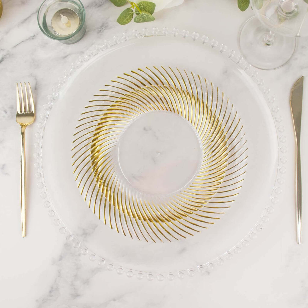 10 - Pack Plastic 9" Round Dinner Plates Clear with Gold Swirl Rim - Disposable Party Plates for Classy Events & Banquets - Bell Racket Store