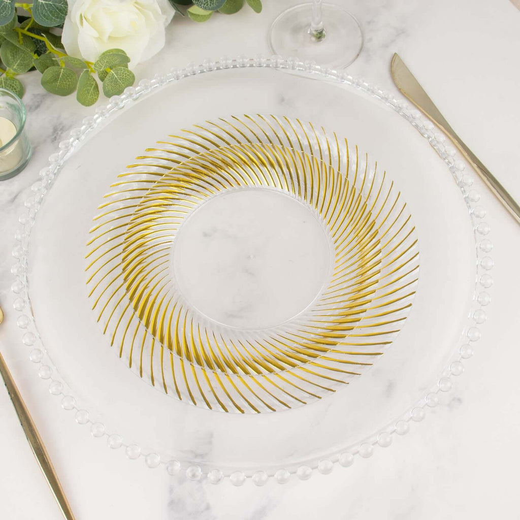 10 - Pack Plastic 9" Round Dinner Plates Clear with Gold Swirl Rim - Disposable Party Plates for Classy Events & Banquets - Bell Racket Store