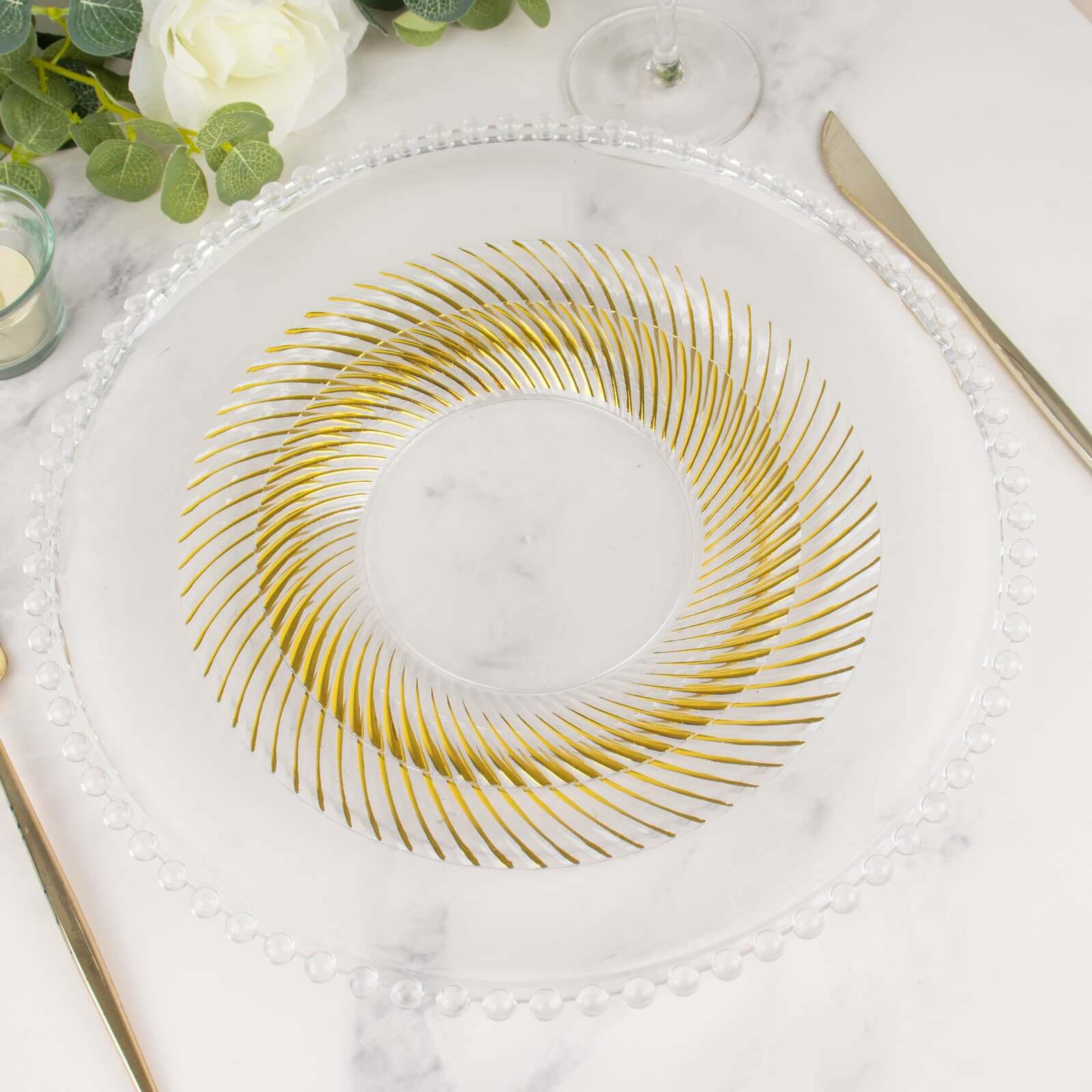 10 - Pack Plastic 9" Round Dinner Plates Clear with Gold Swirl Rim - Disposable Party Plates for Classy Events & Banquets - Bell Racket Store