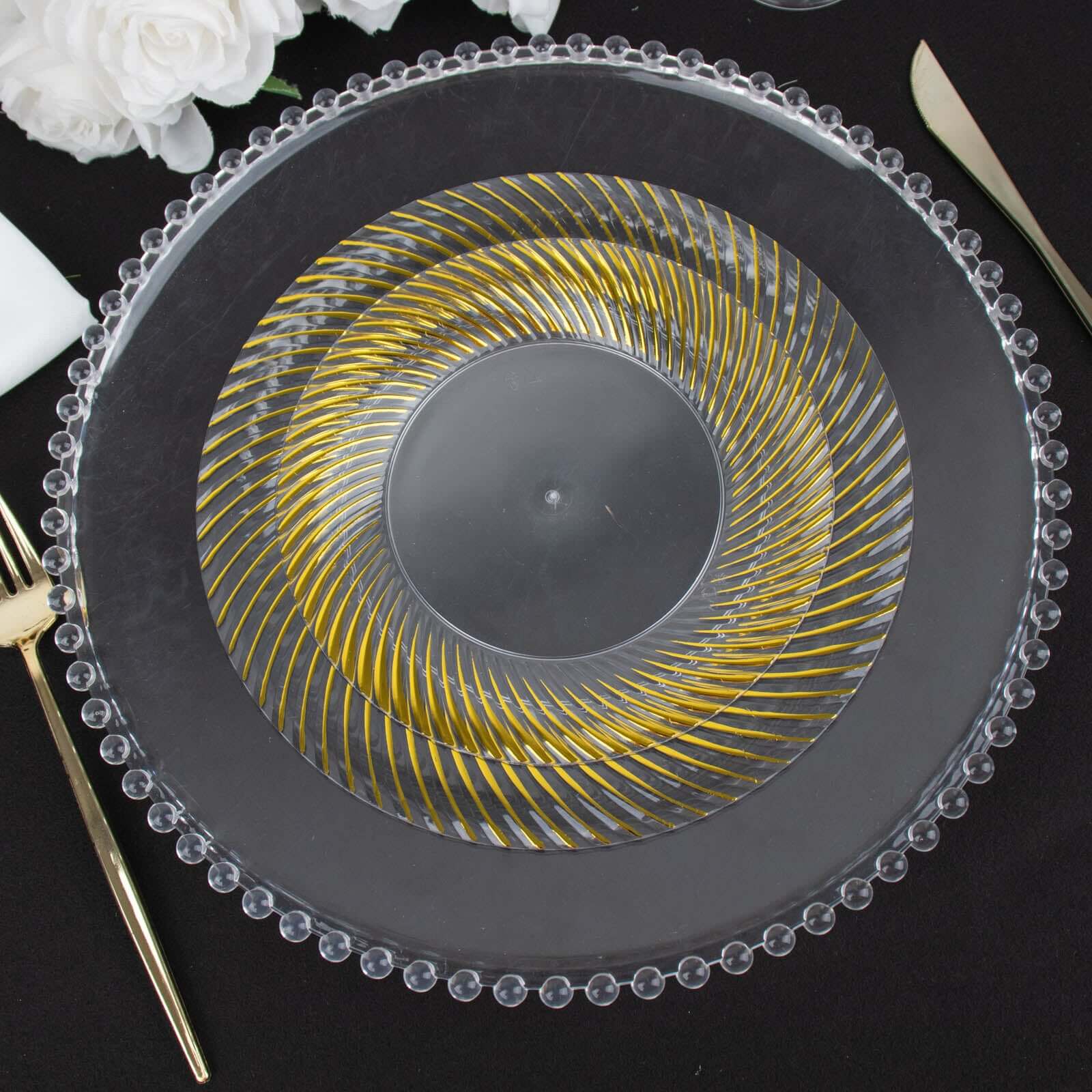 10 - Pack Plastic 9" Round Dinner Plates Clear with Gold Swirl Rim - Disposable Party Plates for Classy Events & Banquets - Bell Racket Store