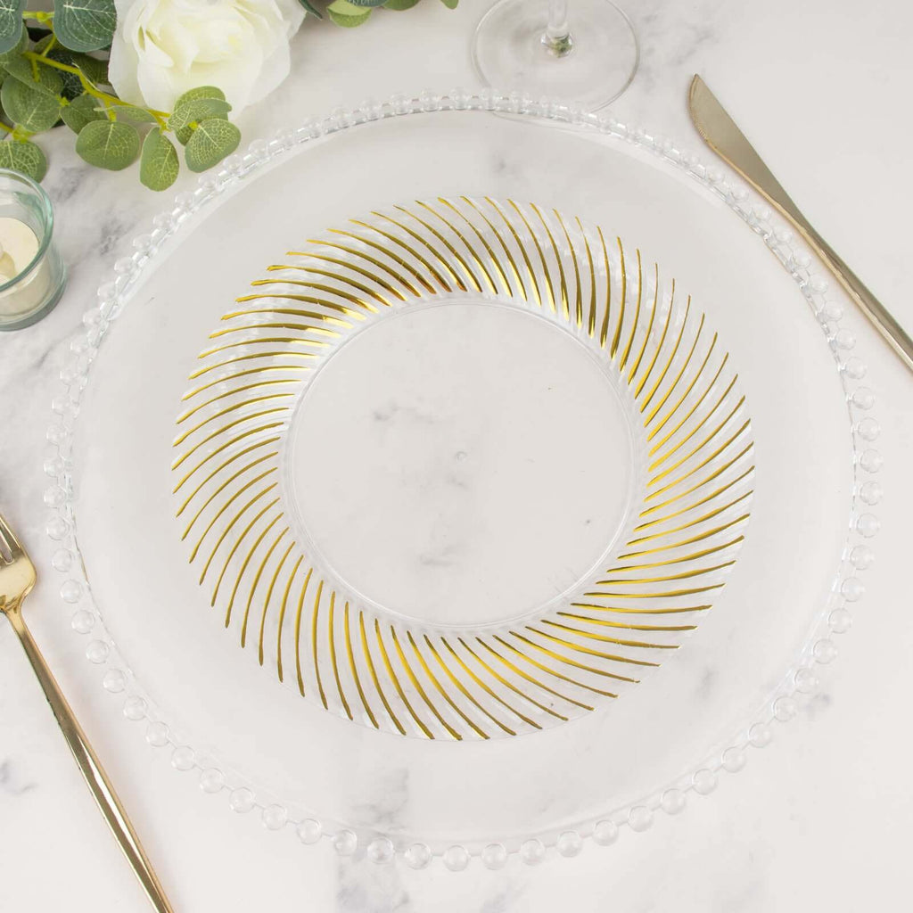 10 - Pack Plastic 9" Round Dinner Plates Clear with Gold Swirl Rim - Disposable Party Plates for Classy Events & Banquets - Bell Racket Store