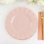 10 - Pack Plastic 9" Round Dinner Plates in Blush Ruffled Rim with Gold Edging - Sturdy Disposable Dinnerware - Bell Racket Store