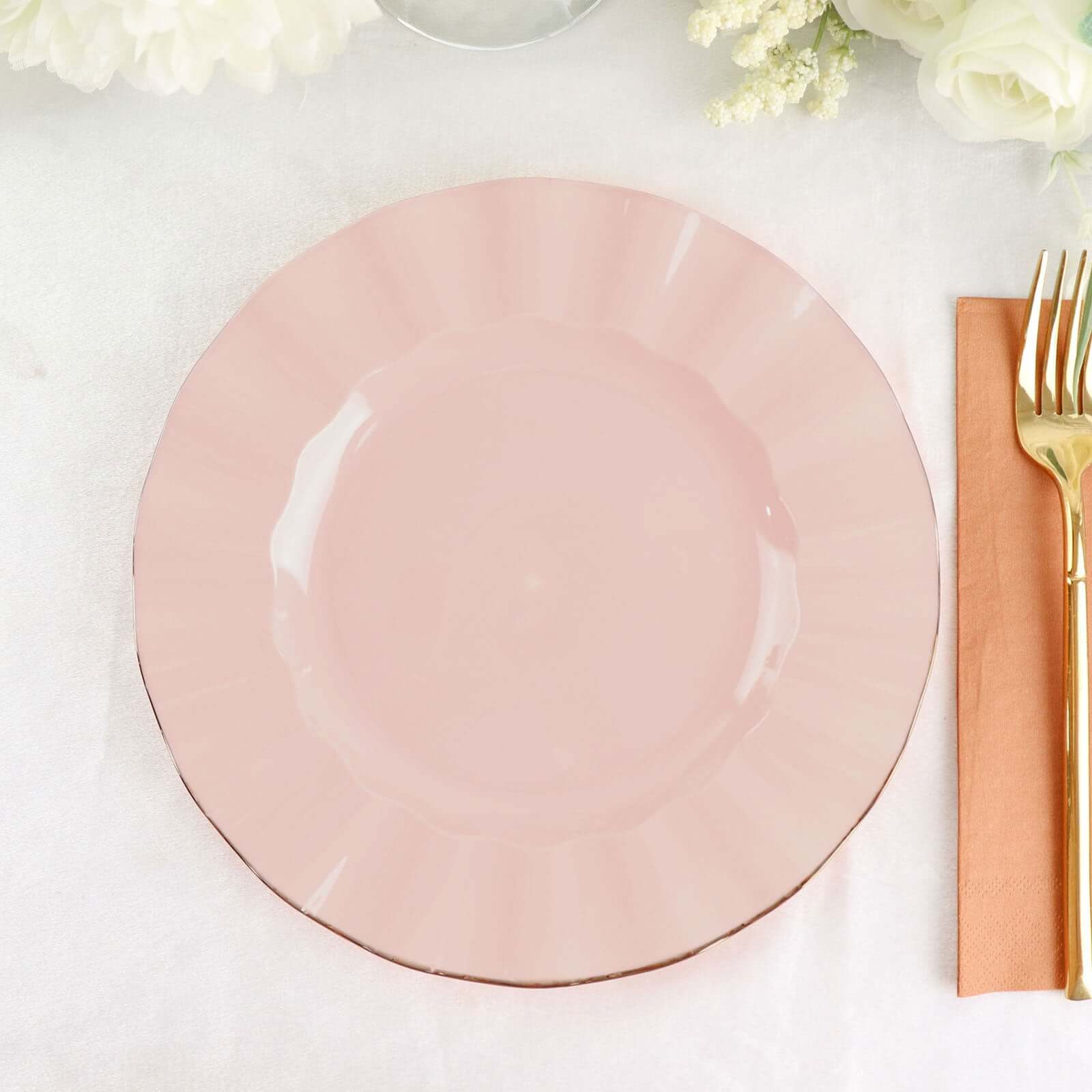 10 - Pack Plastic 9" Round Dinner Plates in Blush Ruffled Rim with Gold Edging - Sturdy Disposable Dinnerware - Bell Racket Store