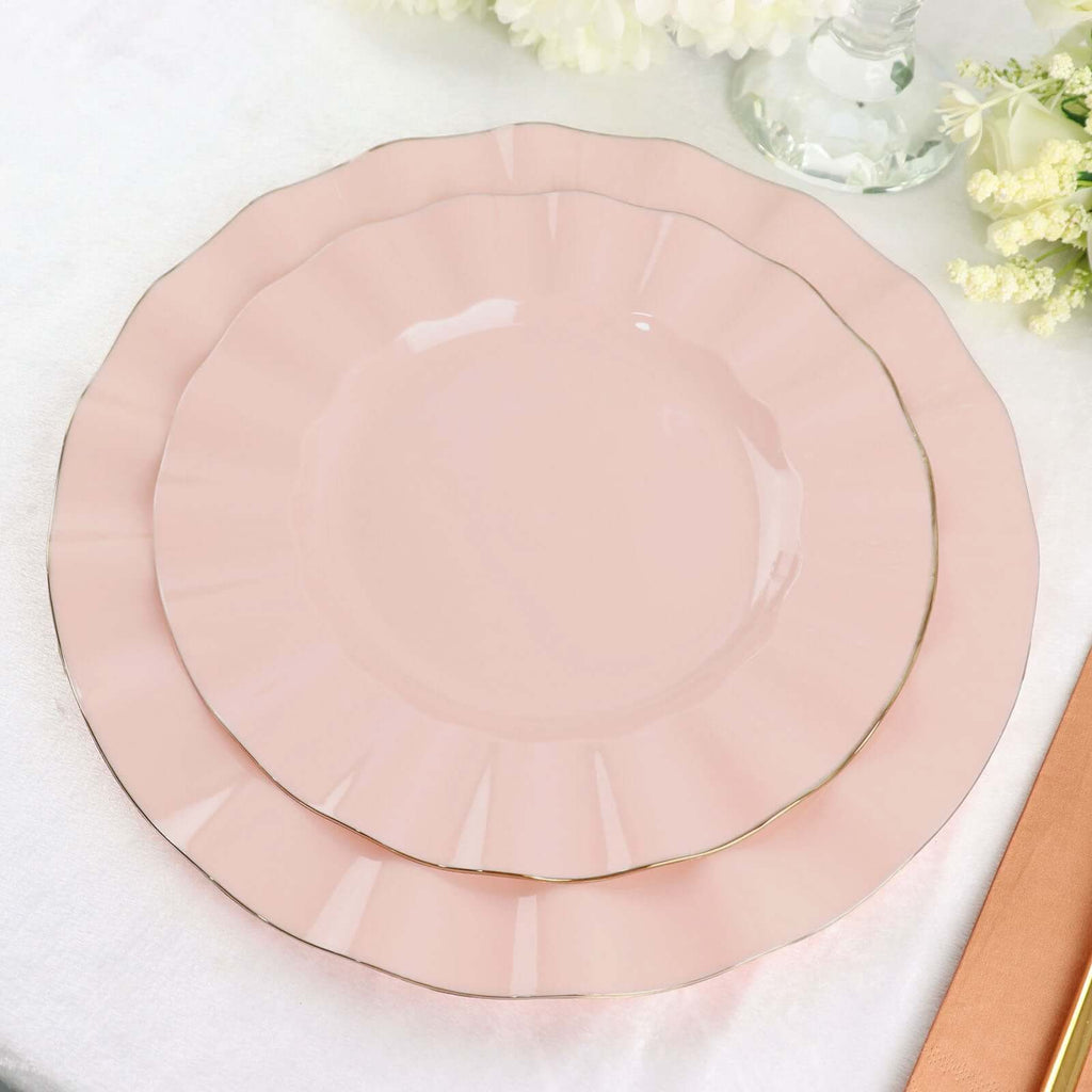10 - Pack Plastic 9" Round Dinner Plates in Blush Ruffled Rim with Gold Edging - Sturdy Disposable Dinnerware - Bell Racket Store