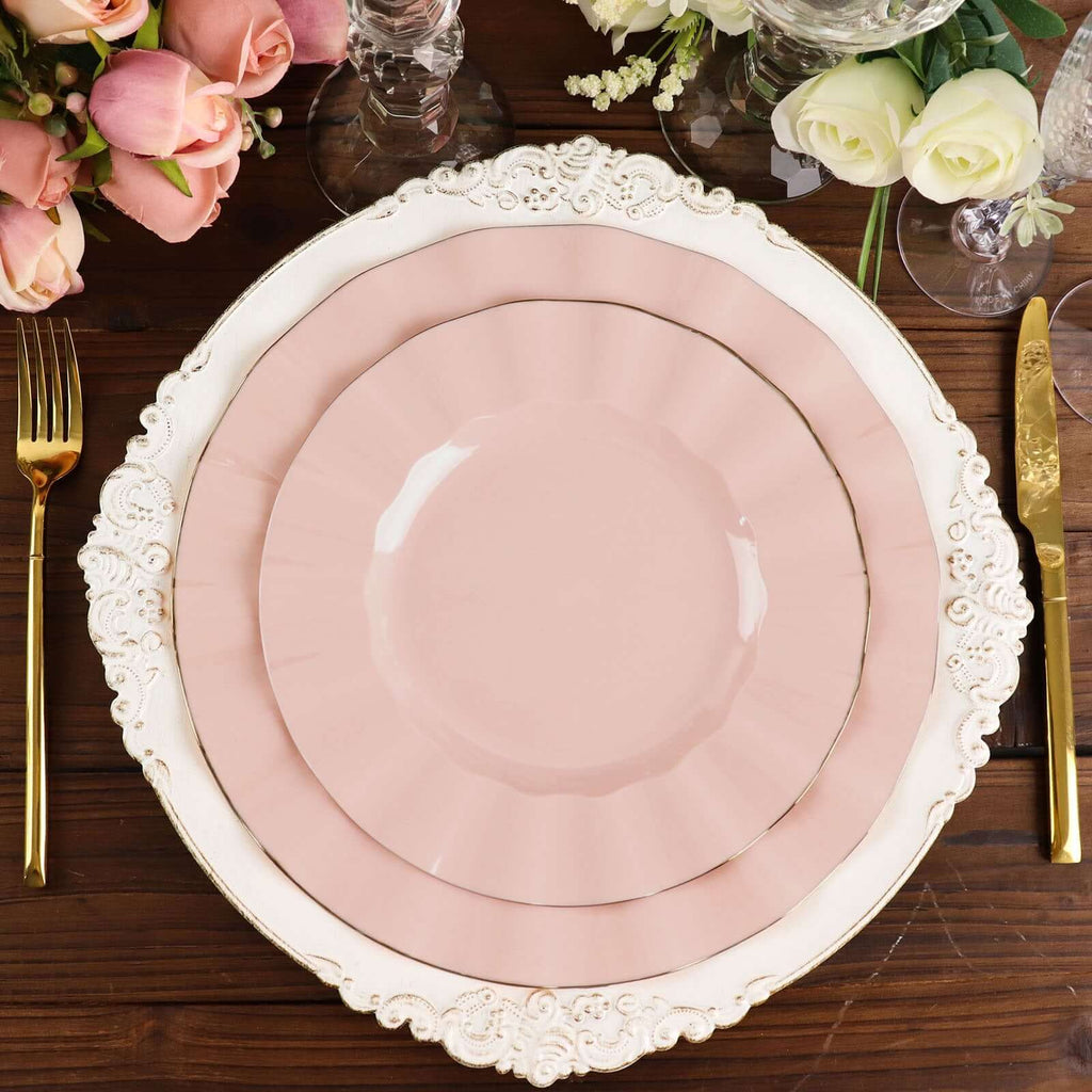 10 - Pack Plastic 9" Round Dinner Plates in Blush Ruffled Rim with Gold Edging - Sturdy Disposable Dinnerware - Bell Racket Store