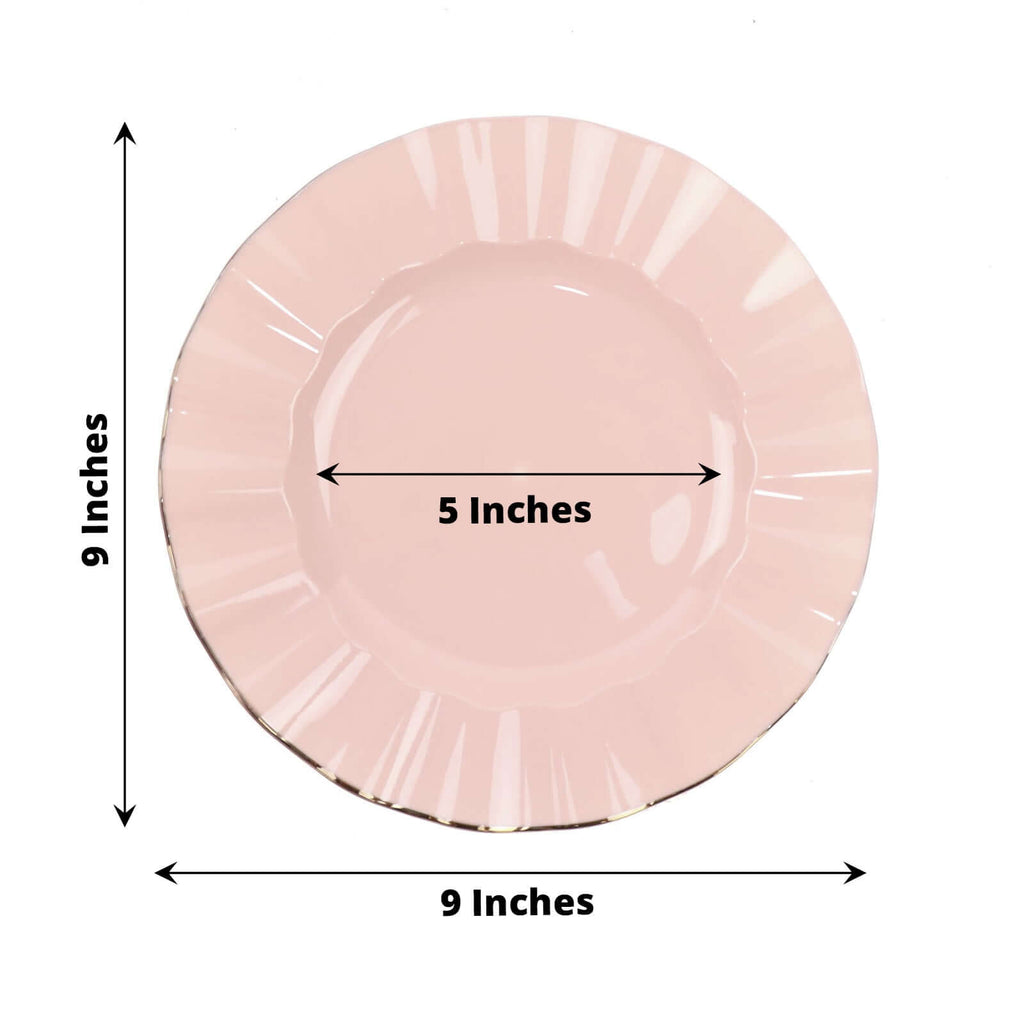 10 - Pack Plastic 9" Round Dinner Plates in Blush Ruffled Rim with Gold Edging - Sturdy Disposable Dinnerware - Bell Racket Store