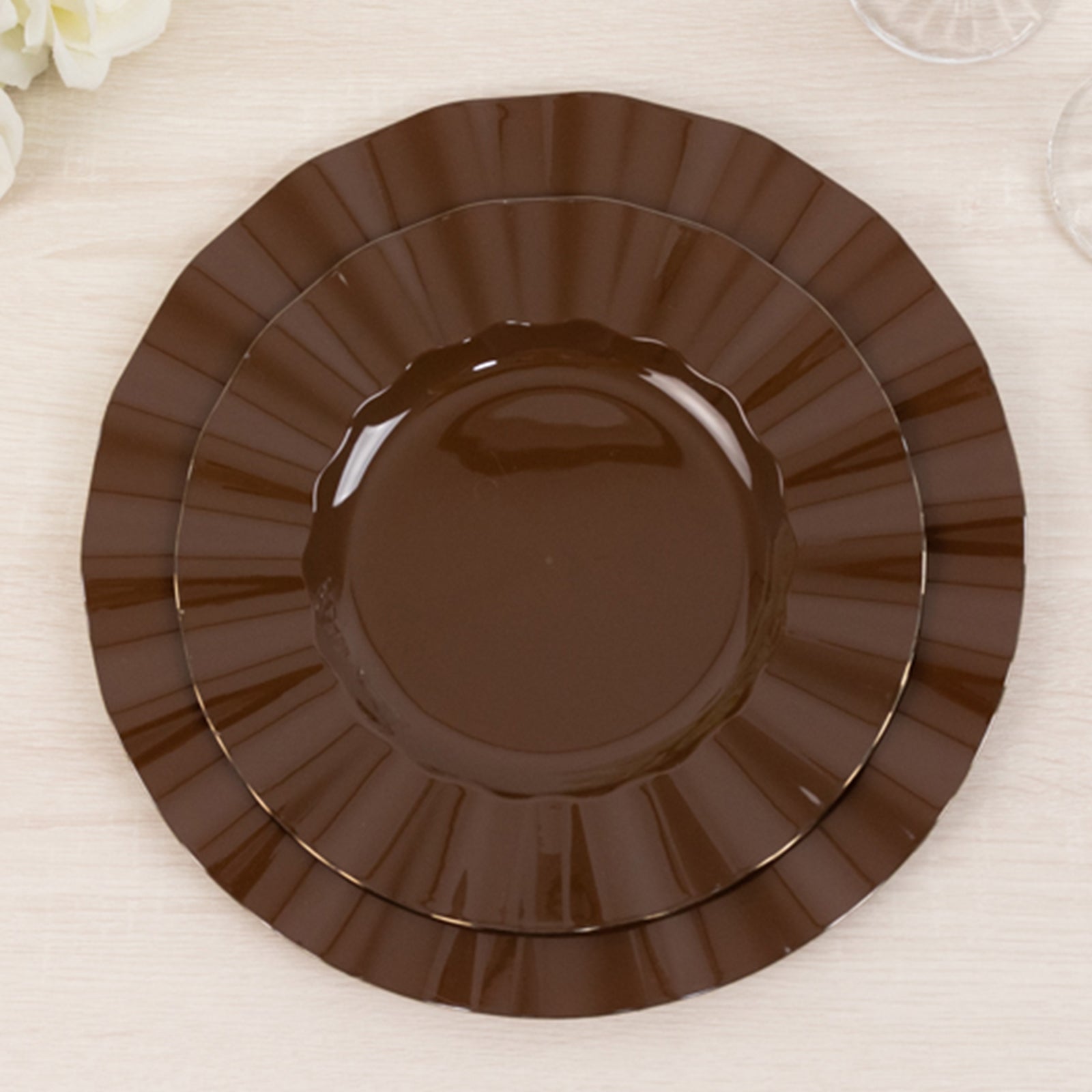 10 - Pack Plastic 9" Round Dinner Plates in Cinnamon Brown Ruffled Rim with Gold Edging - Sturdy Disposable Dinnerware - Bell Racket Store