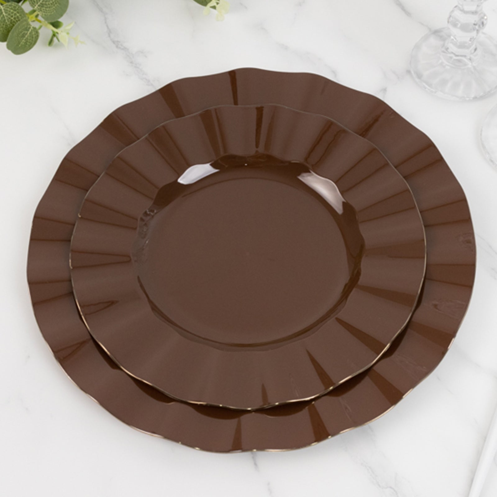 10 - Pack Plastic 9" Round Dinner Plates in Cinnamon Brown Ruffled Rim with Gold Edging - Sturdy Disposable Dinnerware - Bell Racket Store