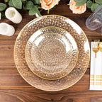 10 - Pack Plastic 9" Round Dinner Plates in Clear Gold Glittered Hammered Design with Gold Rim - Modern Disposable Party Plates - Bell Racket Store