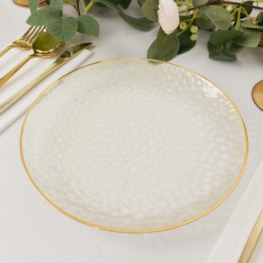 10 - Pack Plastic 9" Round Dinner Plates in Clear Gold Glittered Hammered Design with Gold Rim - Modern Disposable Party Plates - Bell Racket Store