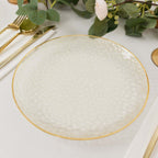 10 - Pack Plastic 9" Round Dinner Plates in Clear Gold Glittered Hammered Design with Gold Rim - Modern Disposable Party Plates - Bell Racket Store