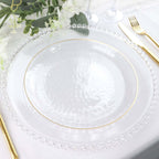 10 - Pack Plastic 9" Round Dinner Plates in Clear Hammered Design with Gold Rim - Modern Disposable Party Plates for Events & Banquets - Bell Racket Store