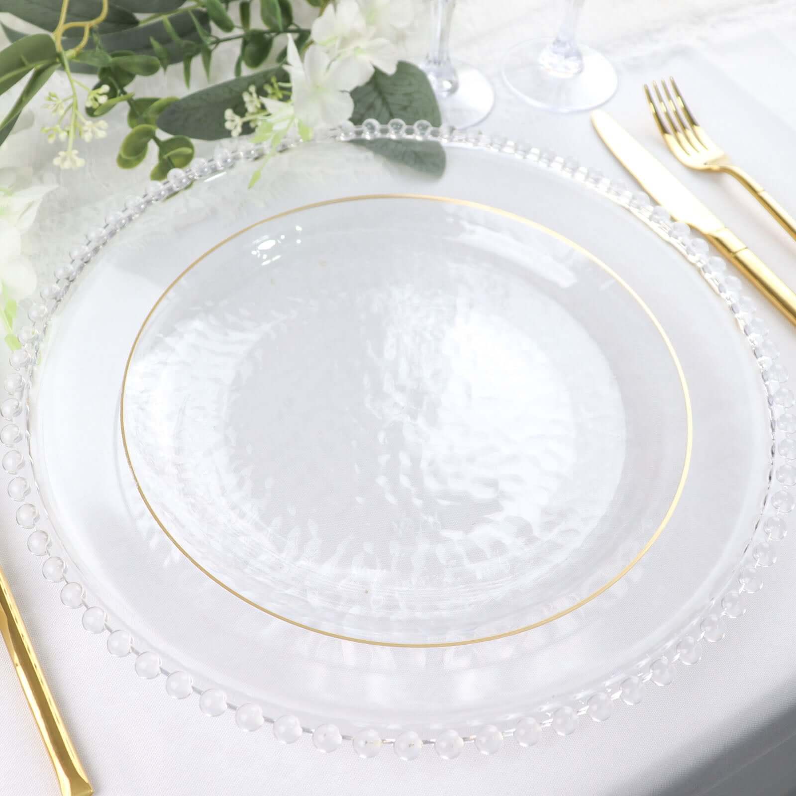 10 - Pack Plastic 9" Round Dinner Plates in Clear Hammered Design with Gold Rim - Modern Disposable Party Plates for Events & Banquets - Bell Racket Store