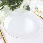 10 - Pack Plastic 9" Round Dinner Plates in Clear Hammered Design with Gold Rim - Modern Disposable Party Plates for Events & Banquets - Bell Racket Store