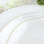 10 - Pack Plastic 9" Round Dinner Plates in Clear Hammered Design with Gold Rim - Modern Disposable Party Plates for Events & Banquets - Bell Racket Store