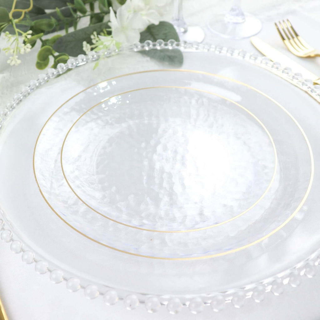 10 - Pack Plastic 9" Round Dinner Plates in Clear Hammered Design with Gold Rim - Modern Disposable Party Plates for Events & Banquets - Bell Racket Store