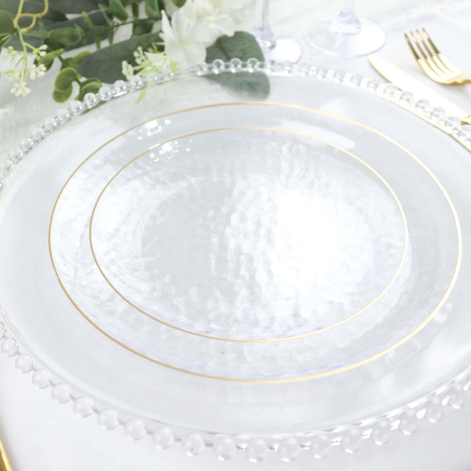 10 - Pack Plastic 9" Round Dinner Plates in Clear Hammered Design with Gold Rim - Modern Disposable Party Plates for Events & Banquets - Bell Racket Store