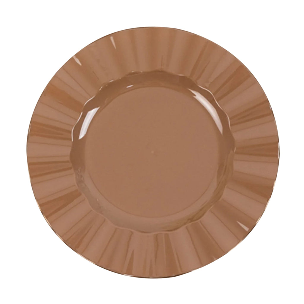 10 - Pack Plastic 9" Round Dinner Plates in Coffee Brown Ruffled Rim with Gold Edging - Sturdy Disposable Dinnerware - Bell Racket Store