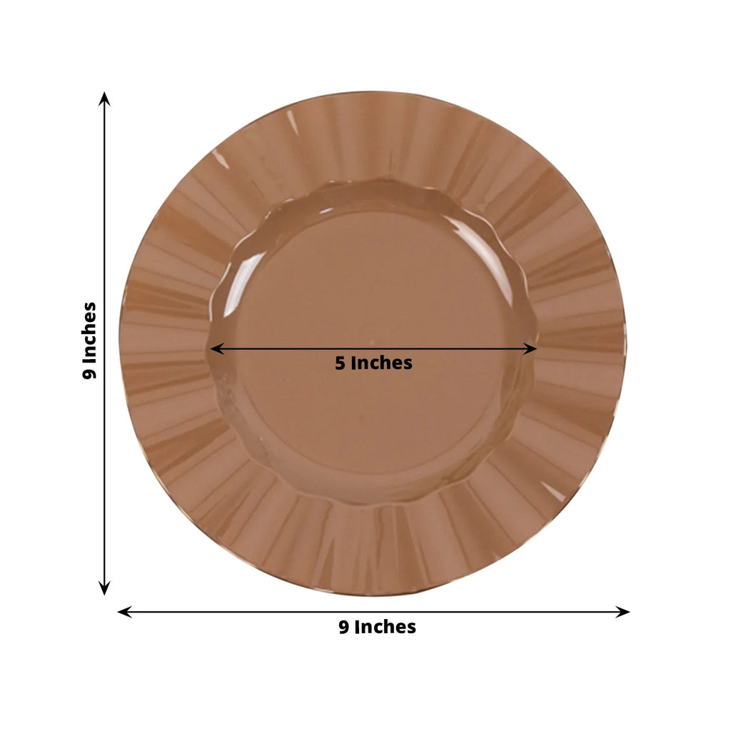 10 - Pack Plastic 9" Round Dinner Plates in Coffee Brown Ruffled Rim with Gold Edging - Sturdy Disposable Dinnerware - Bell Racket Store