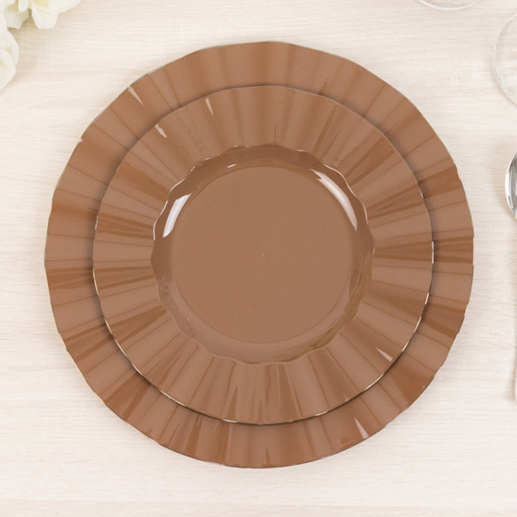 10 - Pack Plastic 9" Round Dinner Plates in Coffee Brown Ruffled Rim with Gold Edging - Sturdy Disposable Dinnerware - Bell Racket Store