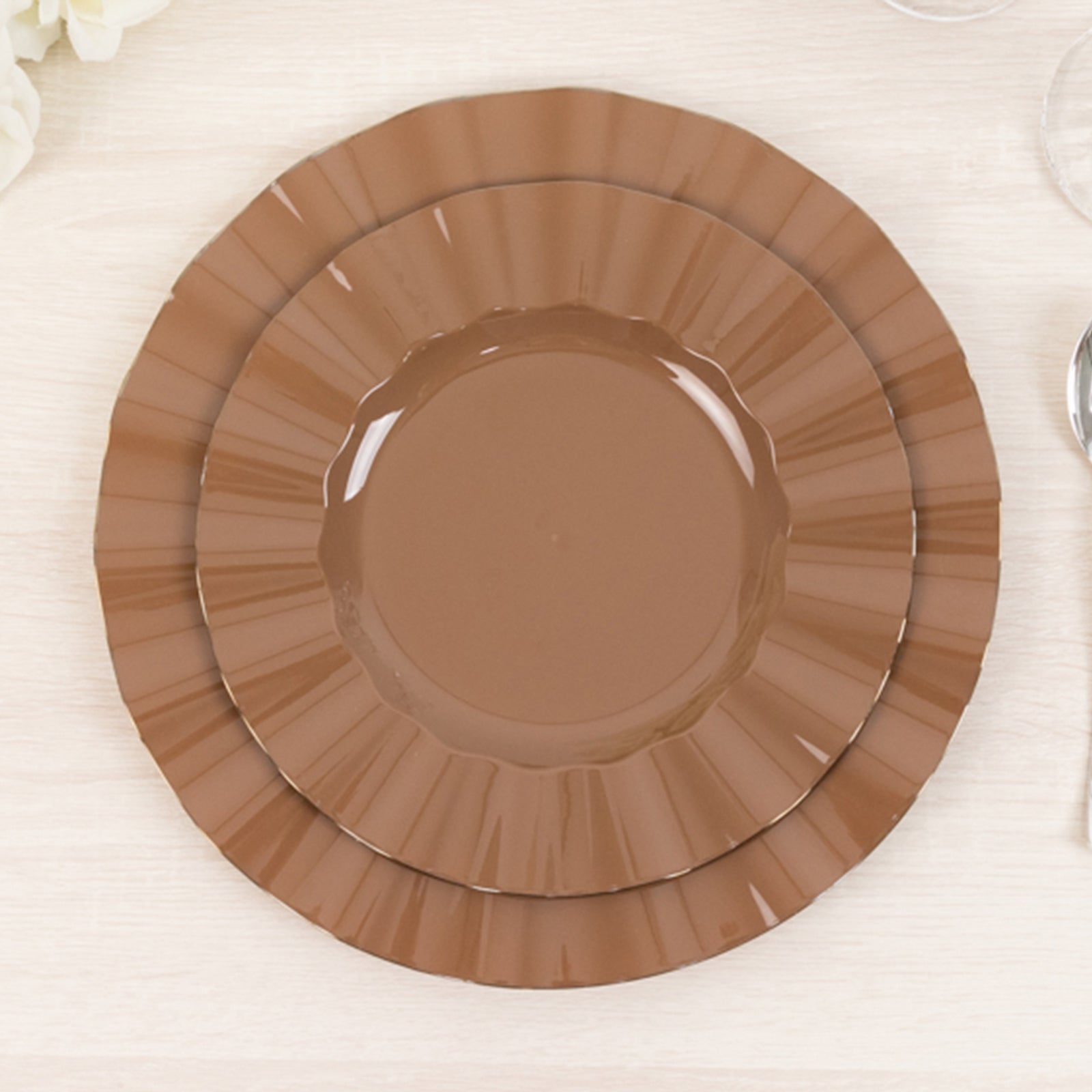 10 - Pack Plastic 9" Round Dinner Plates in Coffee Brown Ruffled Rim with Gold Edging - Sturdy Disposable Dinnerware - Bell Racket Store