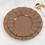 10 - Pack Plastic 9" Round Dinner Plates in Coffee Brown Ruffled Rim with Gold Edging - Sturdy Disposable Dinnerware - Bell Racket Store