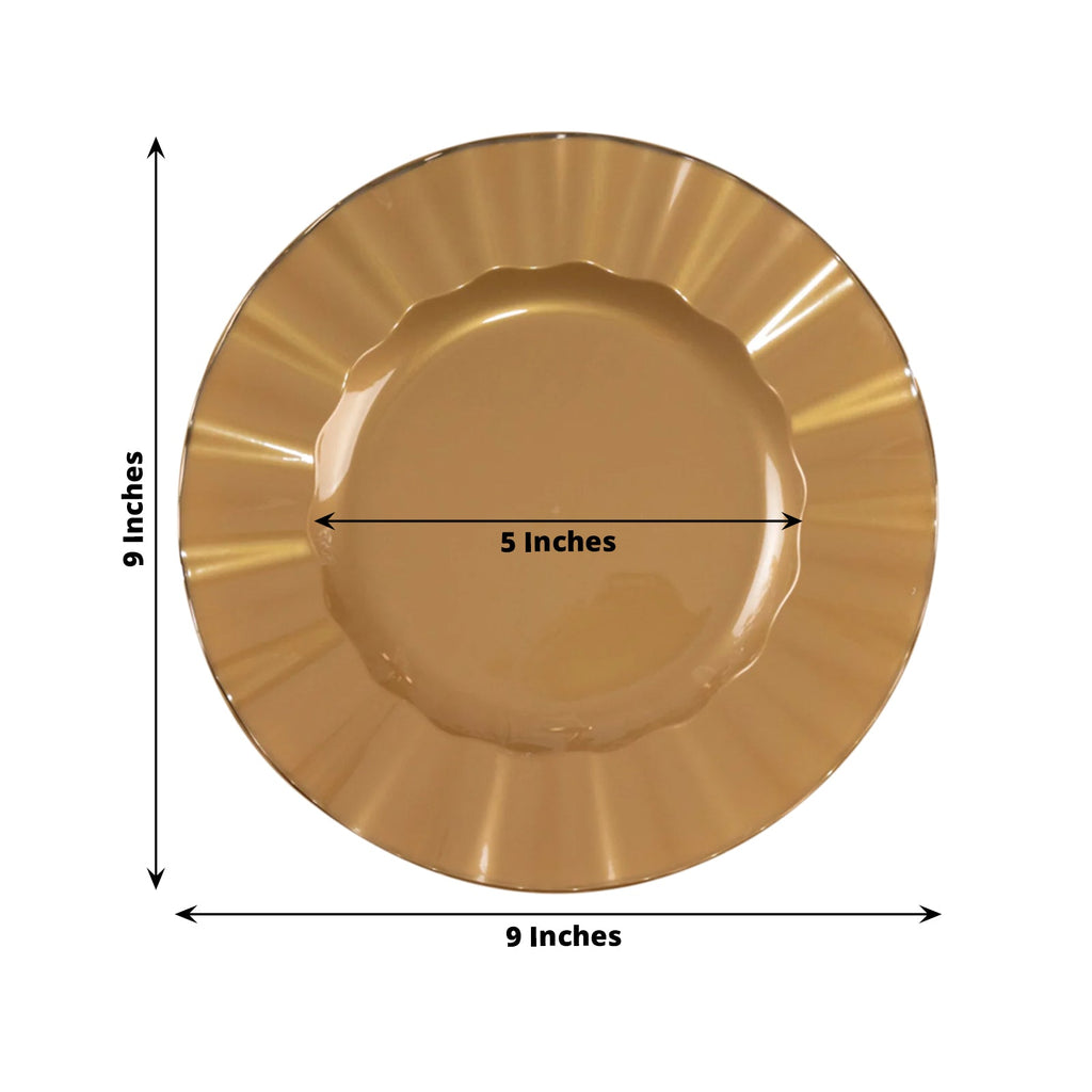 10 - Pack Plastic 9" Round Dinner Plates in Gold with Ruffled Rim - Sturdy Disposable Dinnerware for Classy Events & Banquets - Bell Racket Store
